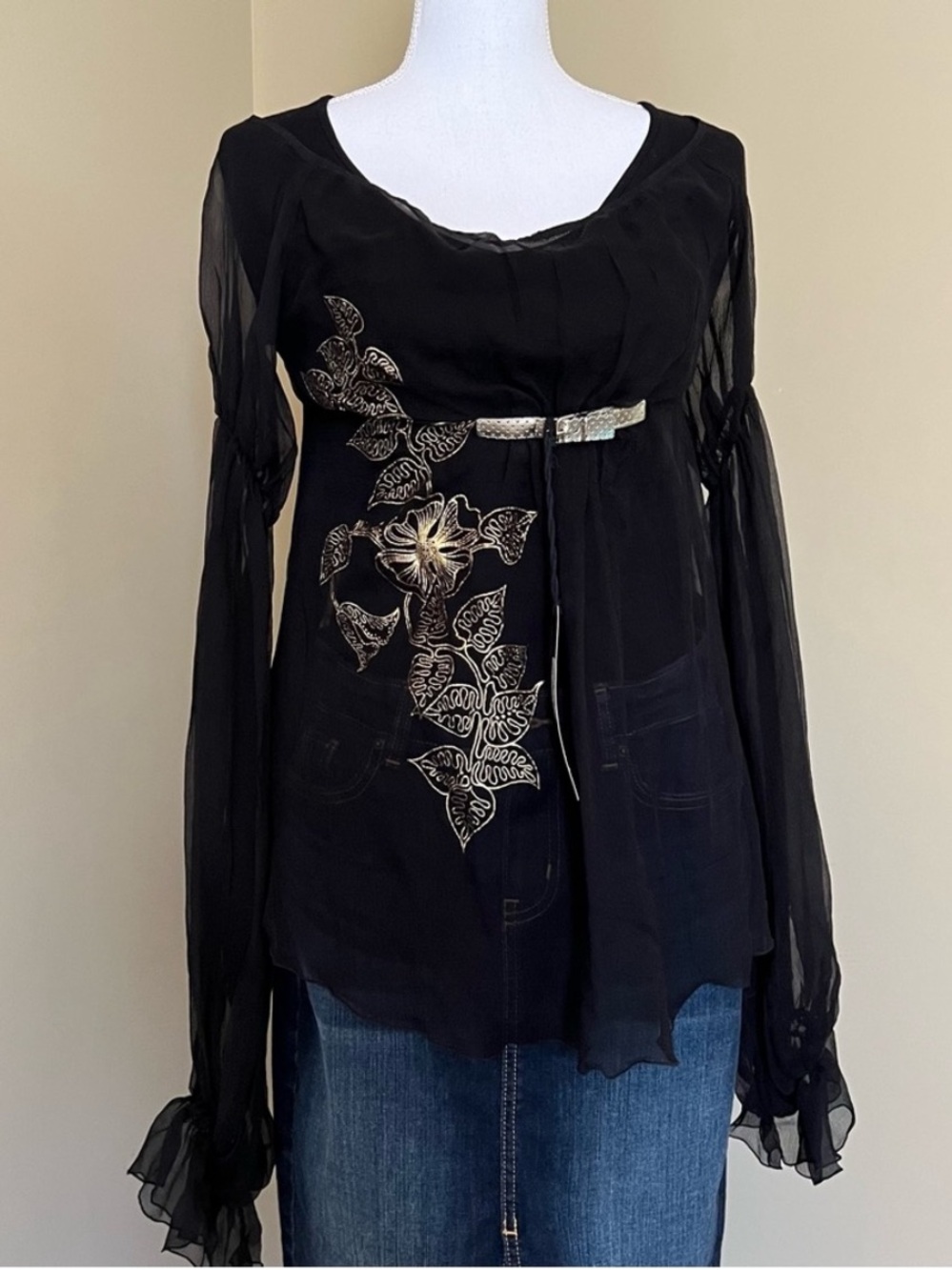 Miss Sixty 100% Silk Black Empire Waist Gold Buckle Puffy Sleeve Blouse NEW